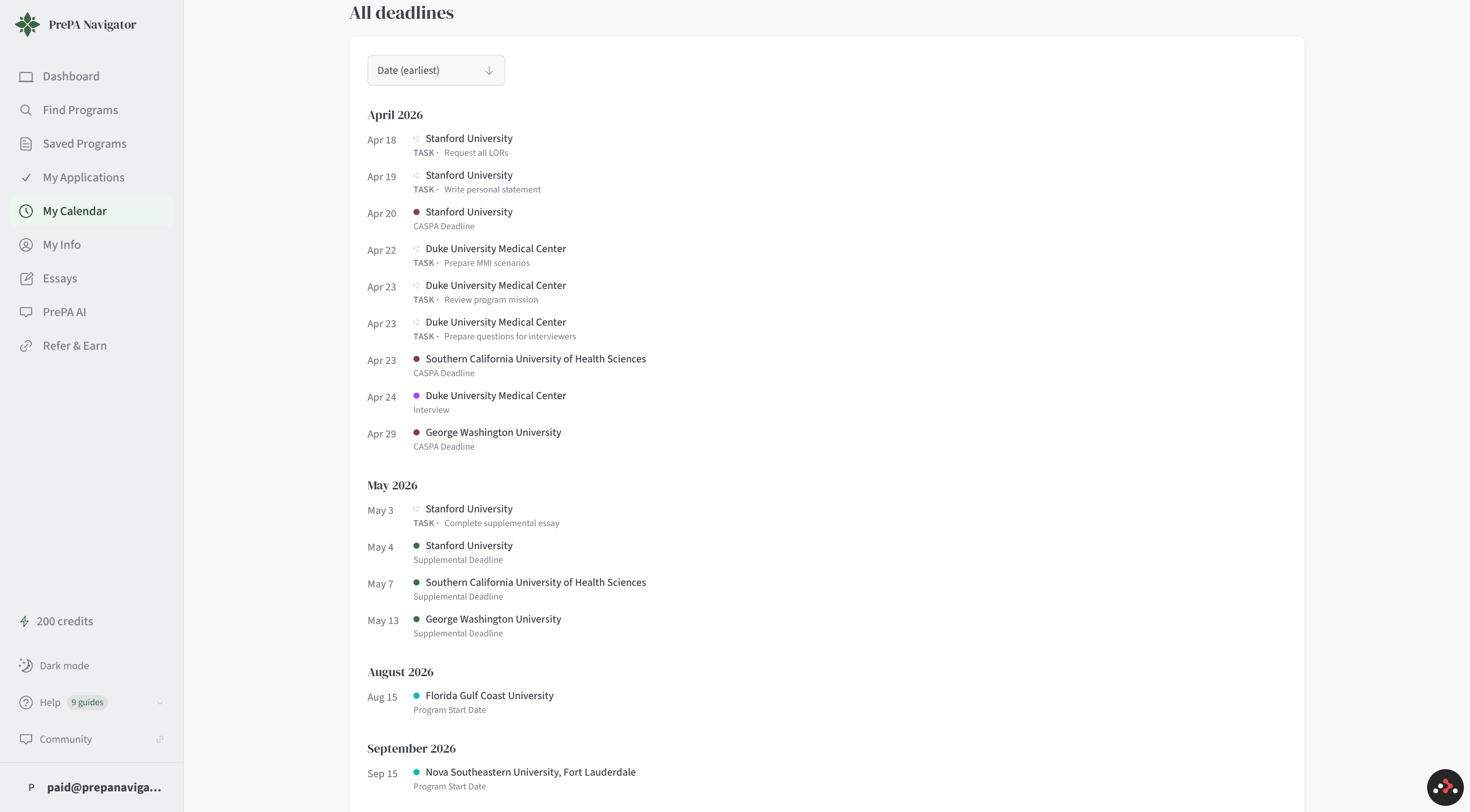 All deadlines list view, grouped by month (April, May, August, September)
