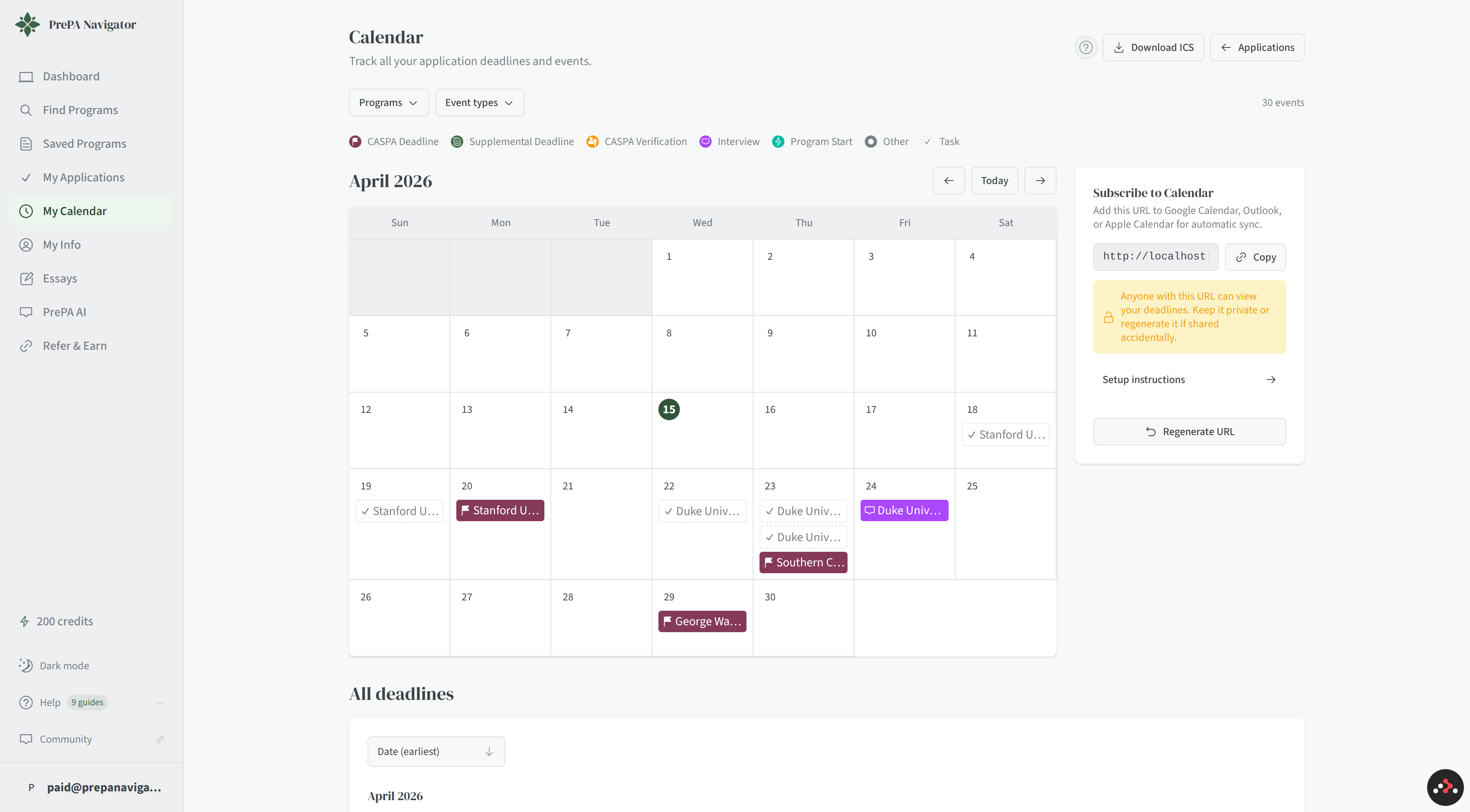 Month grid and filters at the top of the Calendar page