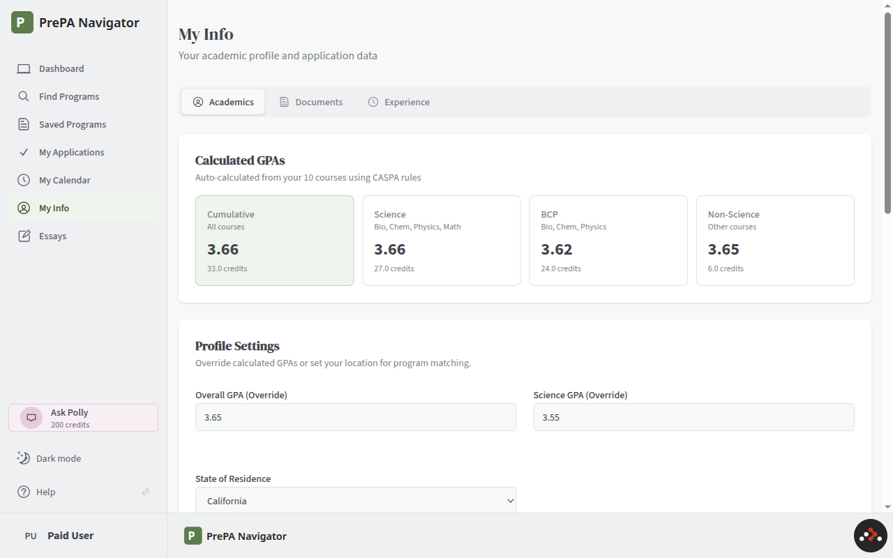 My Info page