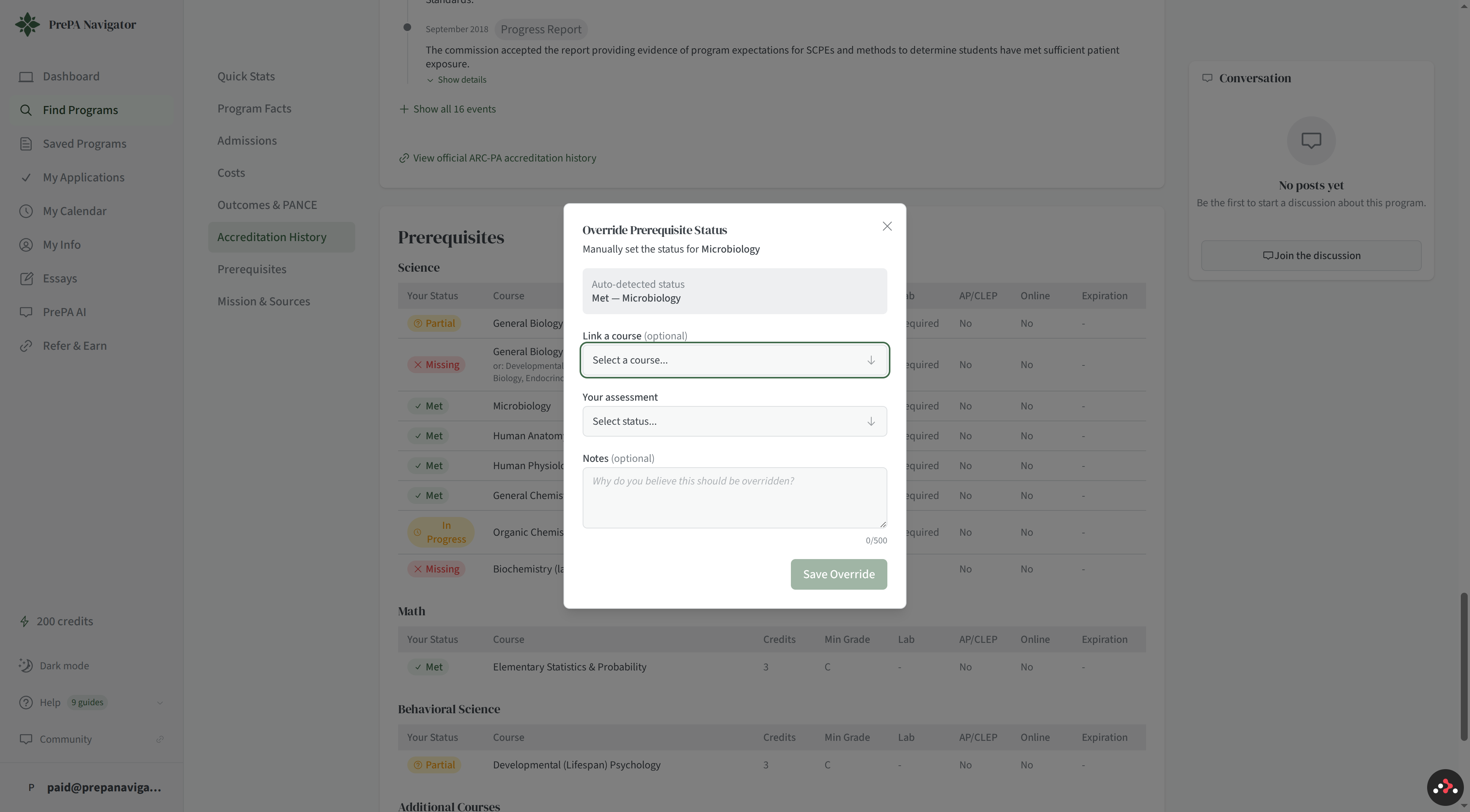 Override Prerequisite Status dialog, showing Link a course remap dropdown and Your assessment selector