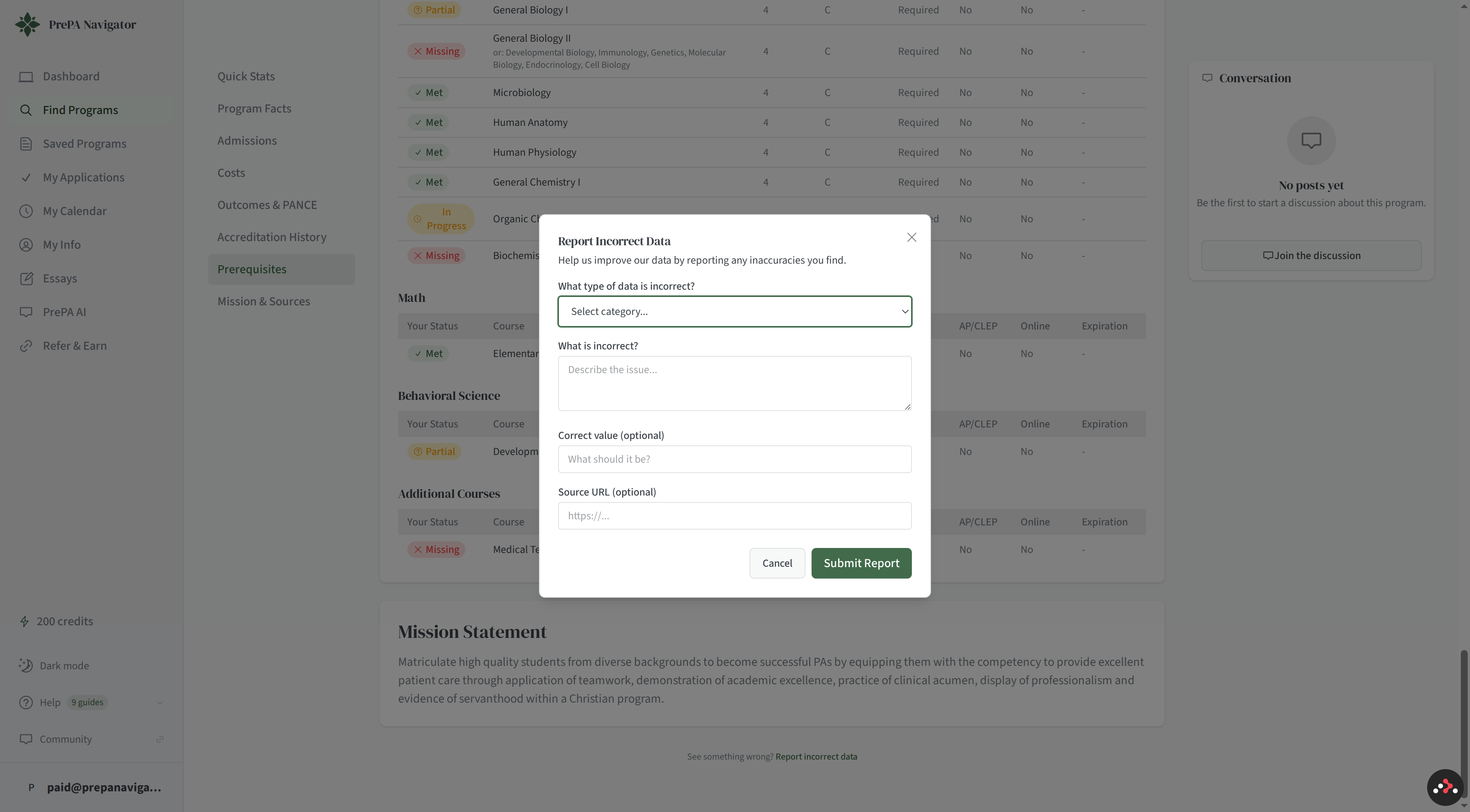 Report Incorrect Data dialog with category, description, correct value, and source URL fields