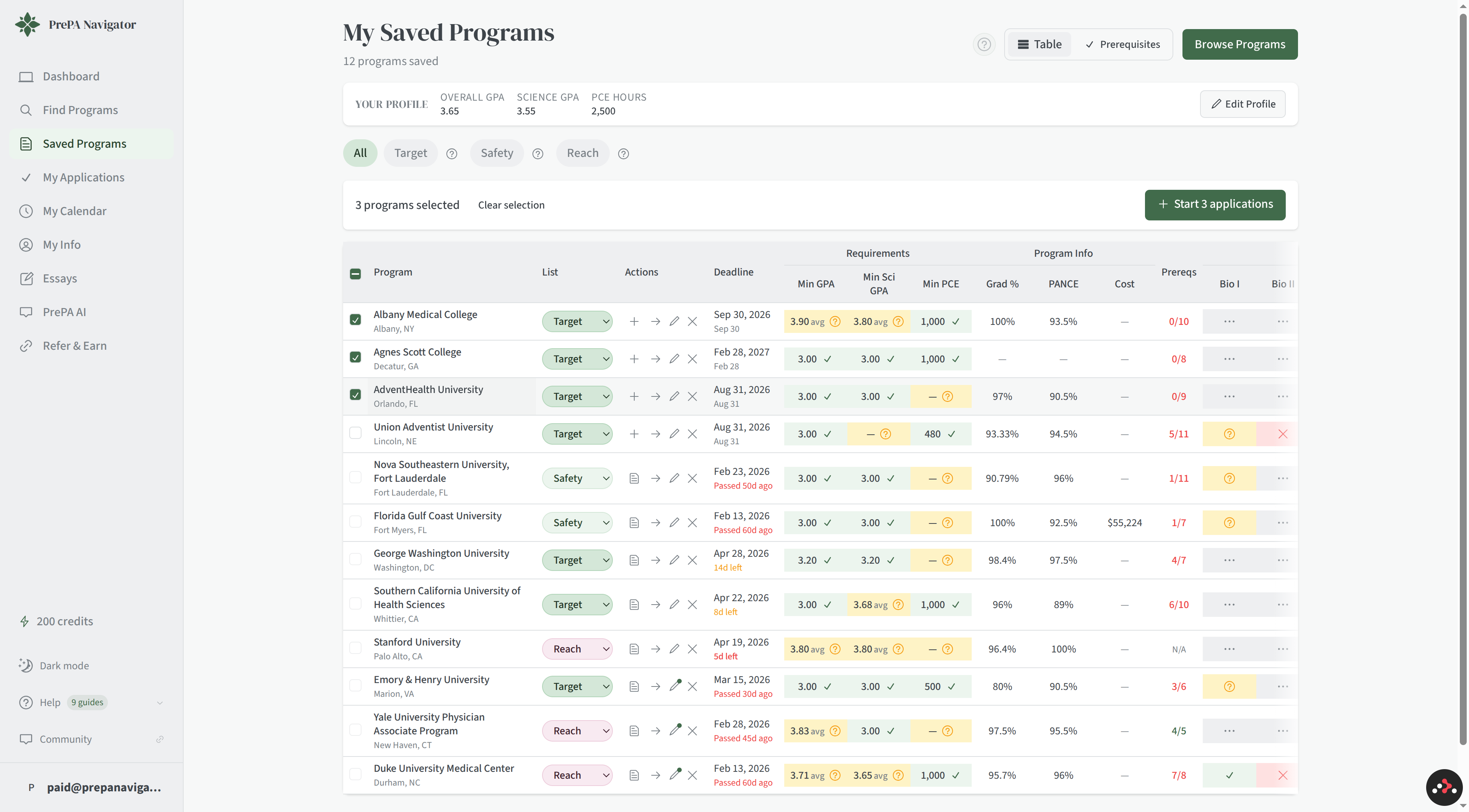 Three programs selected with the Start 3 applications button visible in the bulk action bar