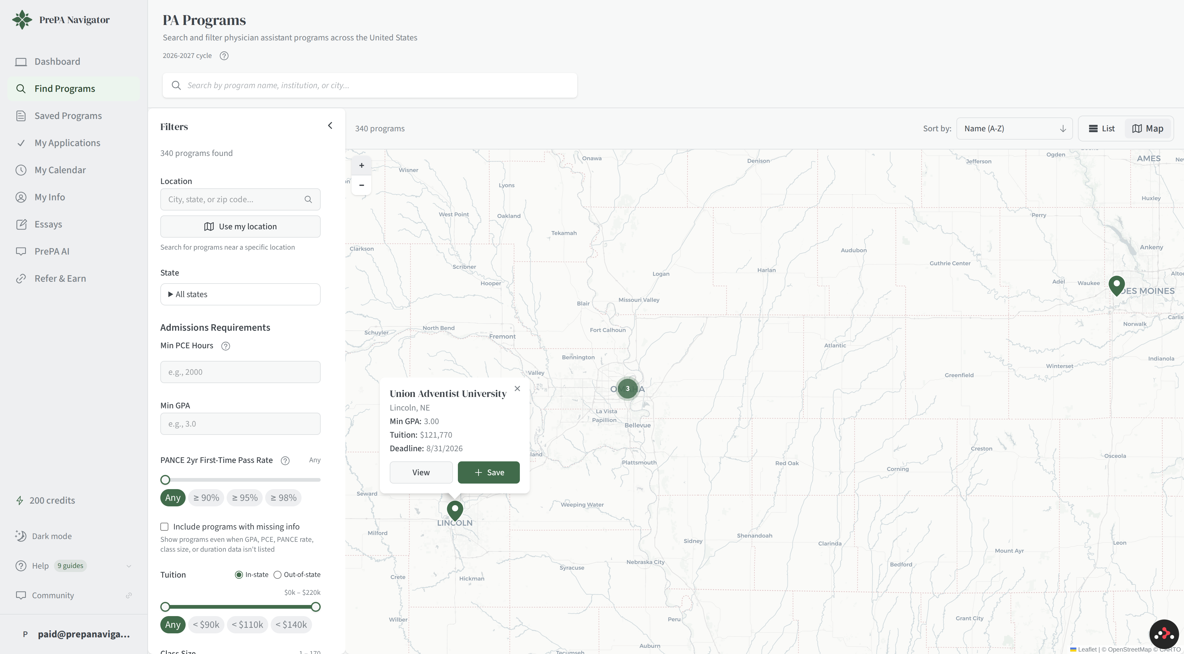 Map view with a pin popup showing the Save button